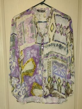 Pony Purple, Cream and Yellow Abstract Sheer Button-Up
